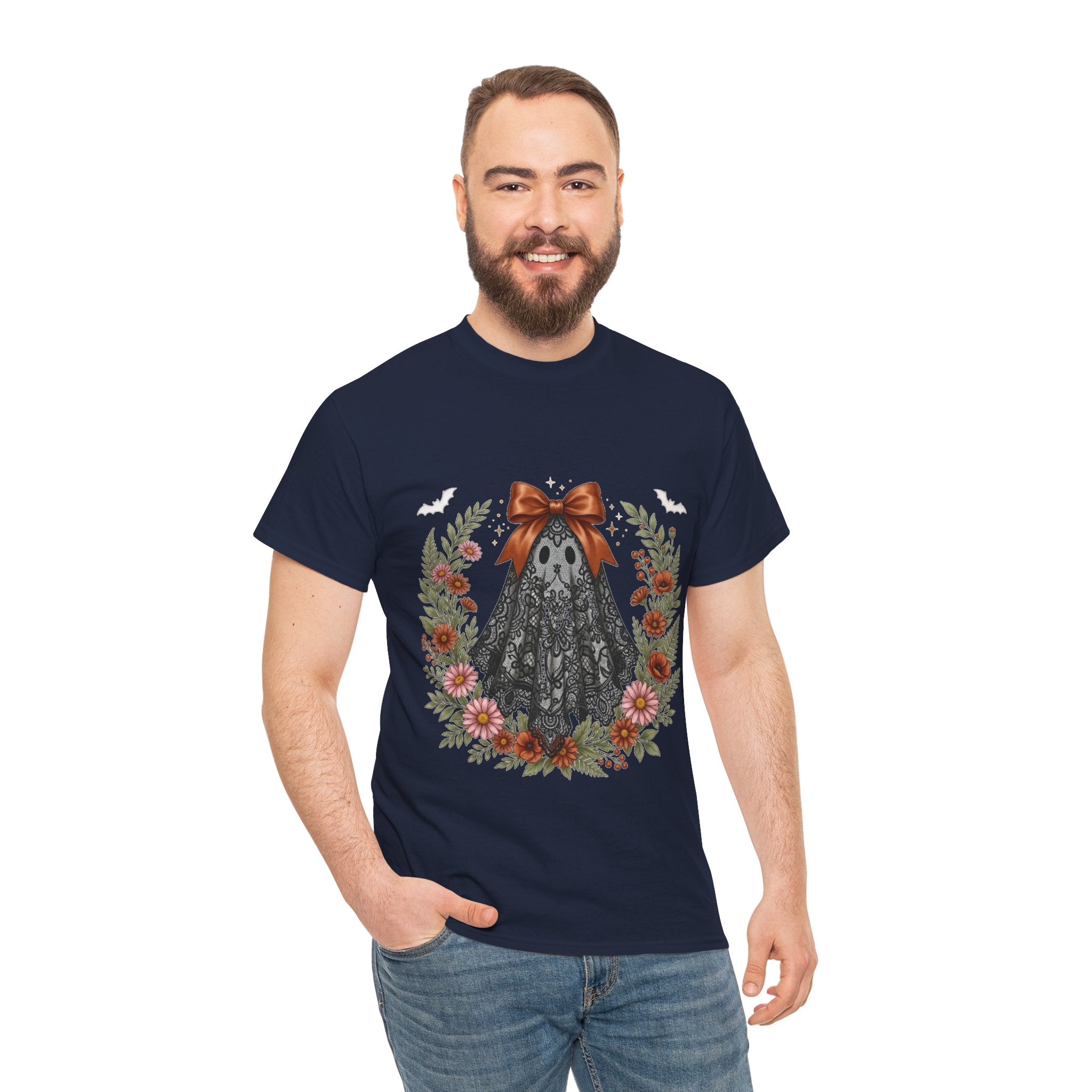 Ghost in Lace Tee — Floral Halloween Ghost T-Shirt with Bow