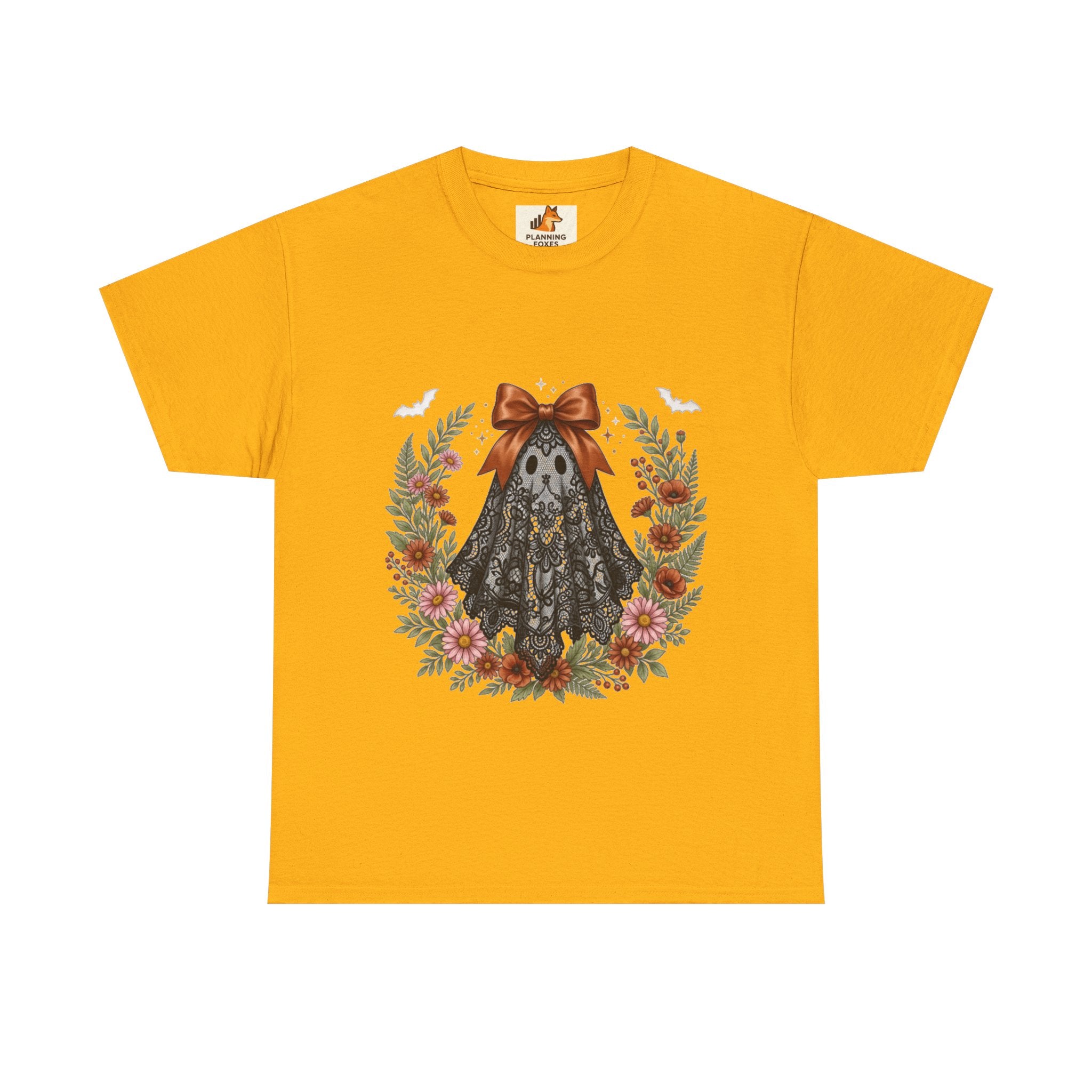 Ghost in Lace Tee — Floral Halloween Ghost T-Shirt with Bow