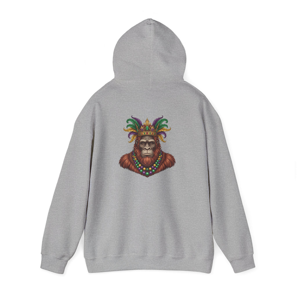 Mardi Gras Bigfoot Hooded Sweatshirt - Colorful Jester Mask & Bead Design