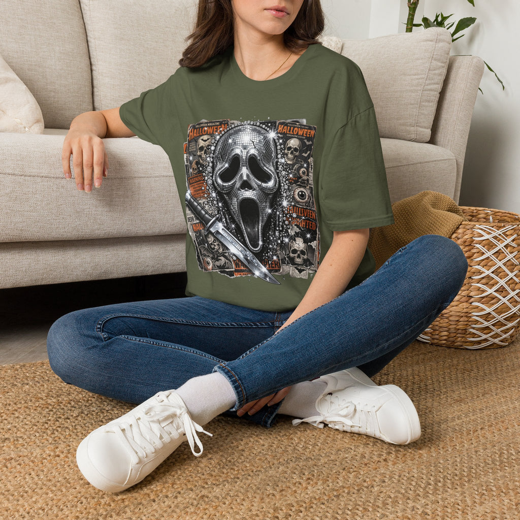 Halloween Scream Mask T-Shirt — Skull, Knife & Poster Horror Graphic Tee