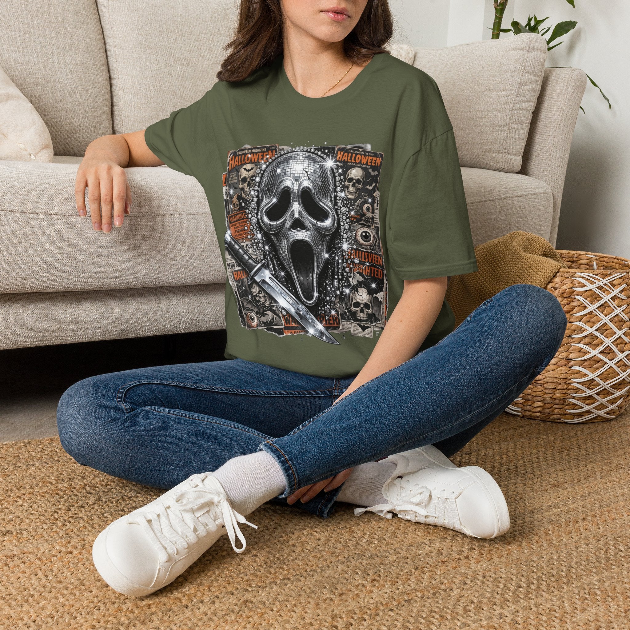 Halloween Scream Mask T-Shirt — Skull, Knife & Poster Horror Graphic Tee