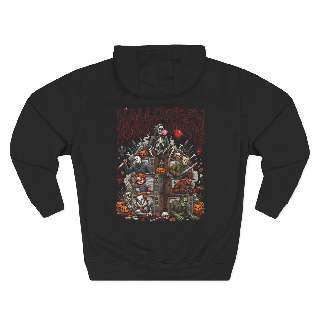 Halloween Horror Nights Hoodie — Haunted Mask & Killer Characters Graphic Pullover