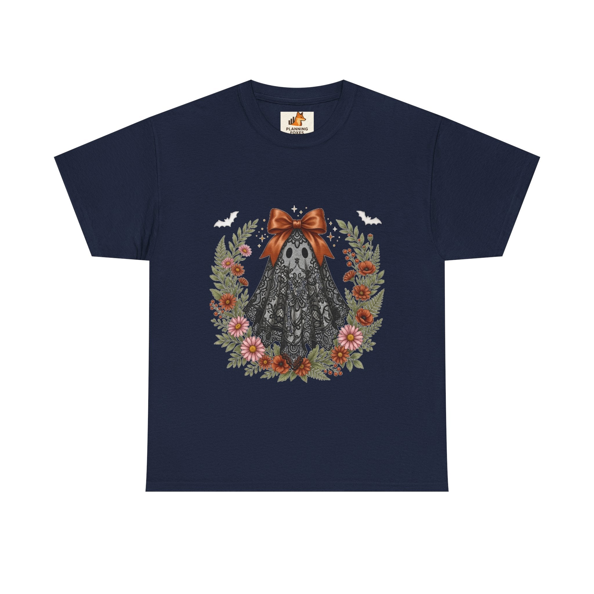 Ghost in Lace Tee — Floral Halloween Ghost T-Shirt with Bow