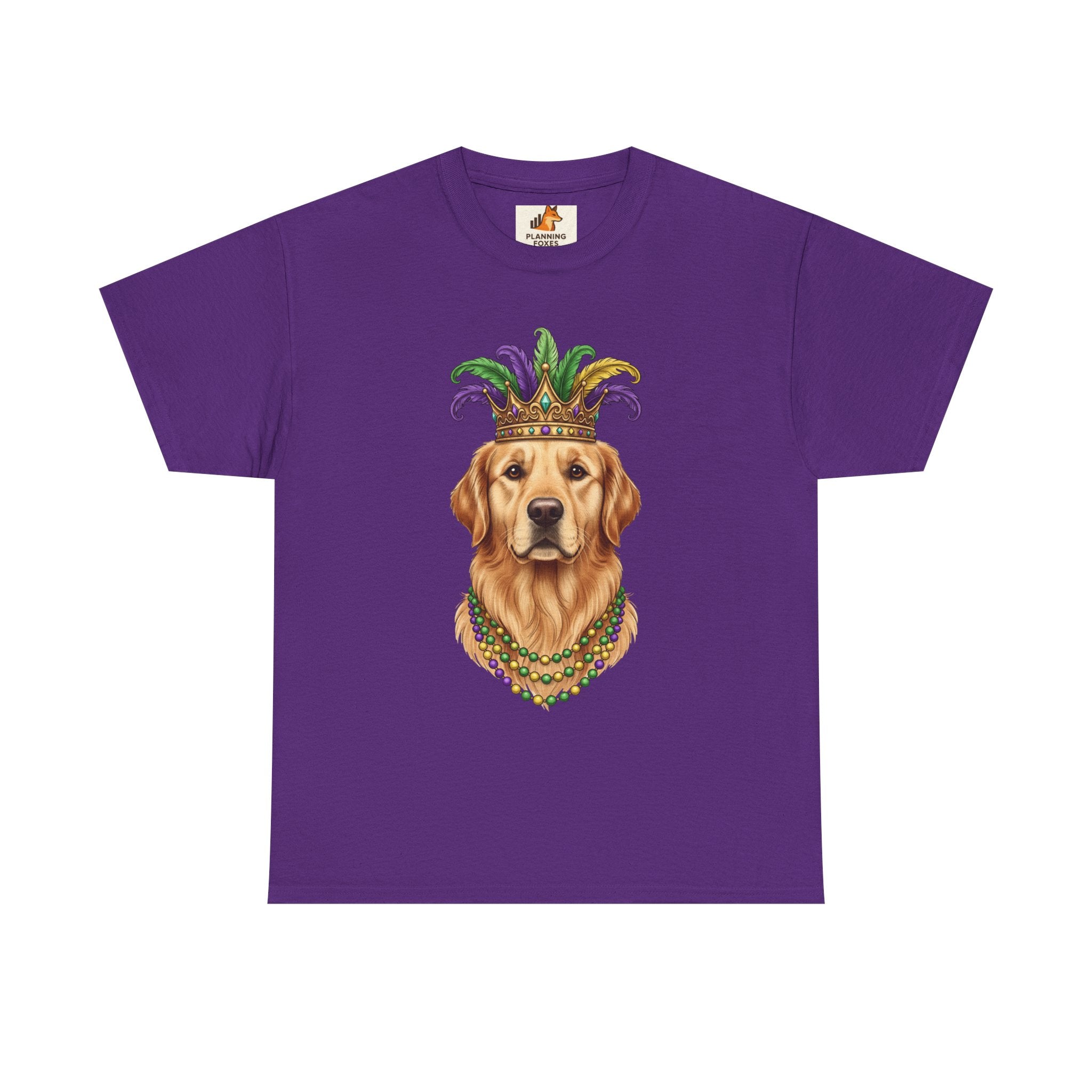 Mardi Gras Golden Retriever T-Shirt — Dog with Jester Crown & Beads