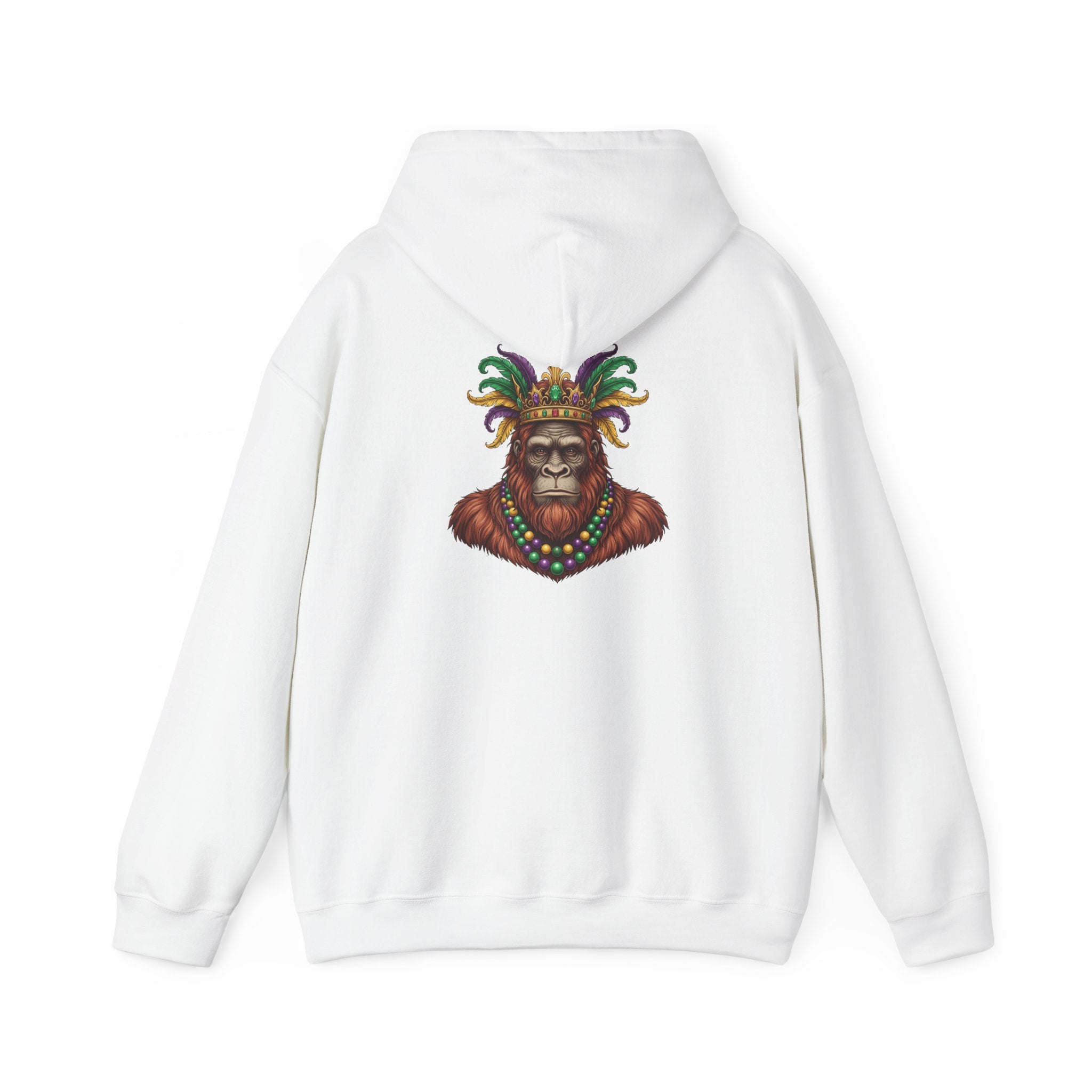 Mardi Gras Bigfoot Hooded Sweatshirt - Colorful Jester Mask & Bead Design