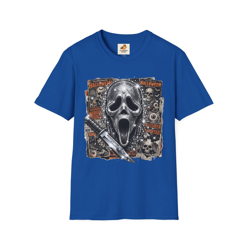 Halloween Scream Mask T-Shirt — Skull, Knife & Poster Horror Graphic Tee
