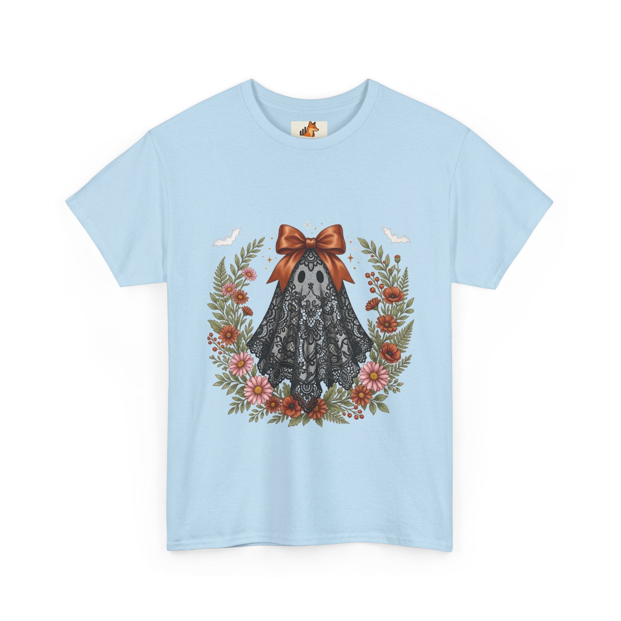 Ghost in Lace Tee — Floral Halloween Ghost T-Shirt with Bow