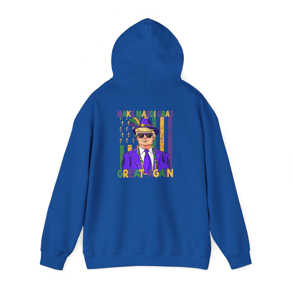 Mardi Gras Great Again Hoodie — Festive King Cake Masked Man Back Graphic