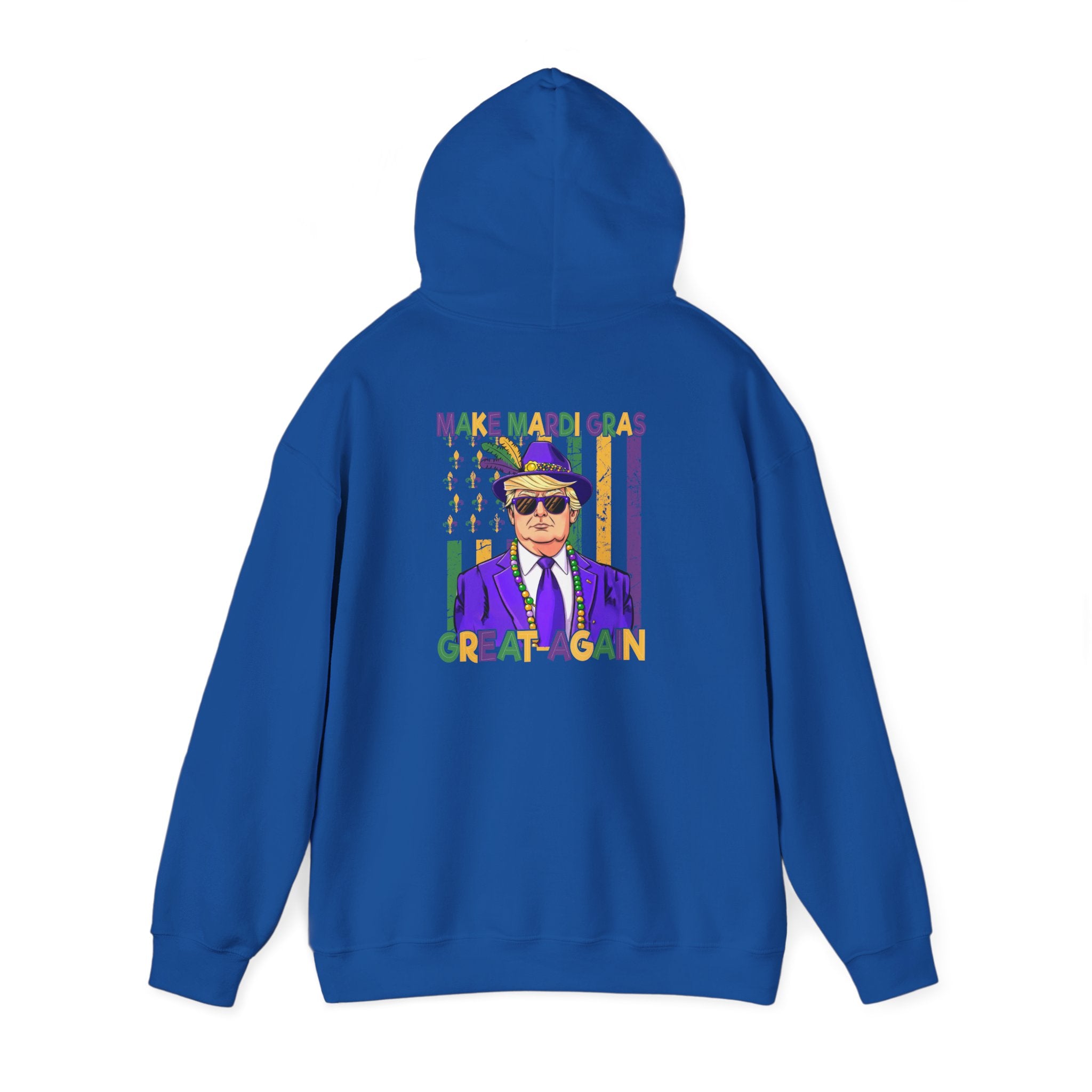 Mardi Gras Great Again Hoodie — Festive King Cake Masked Man Back Graphic