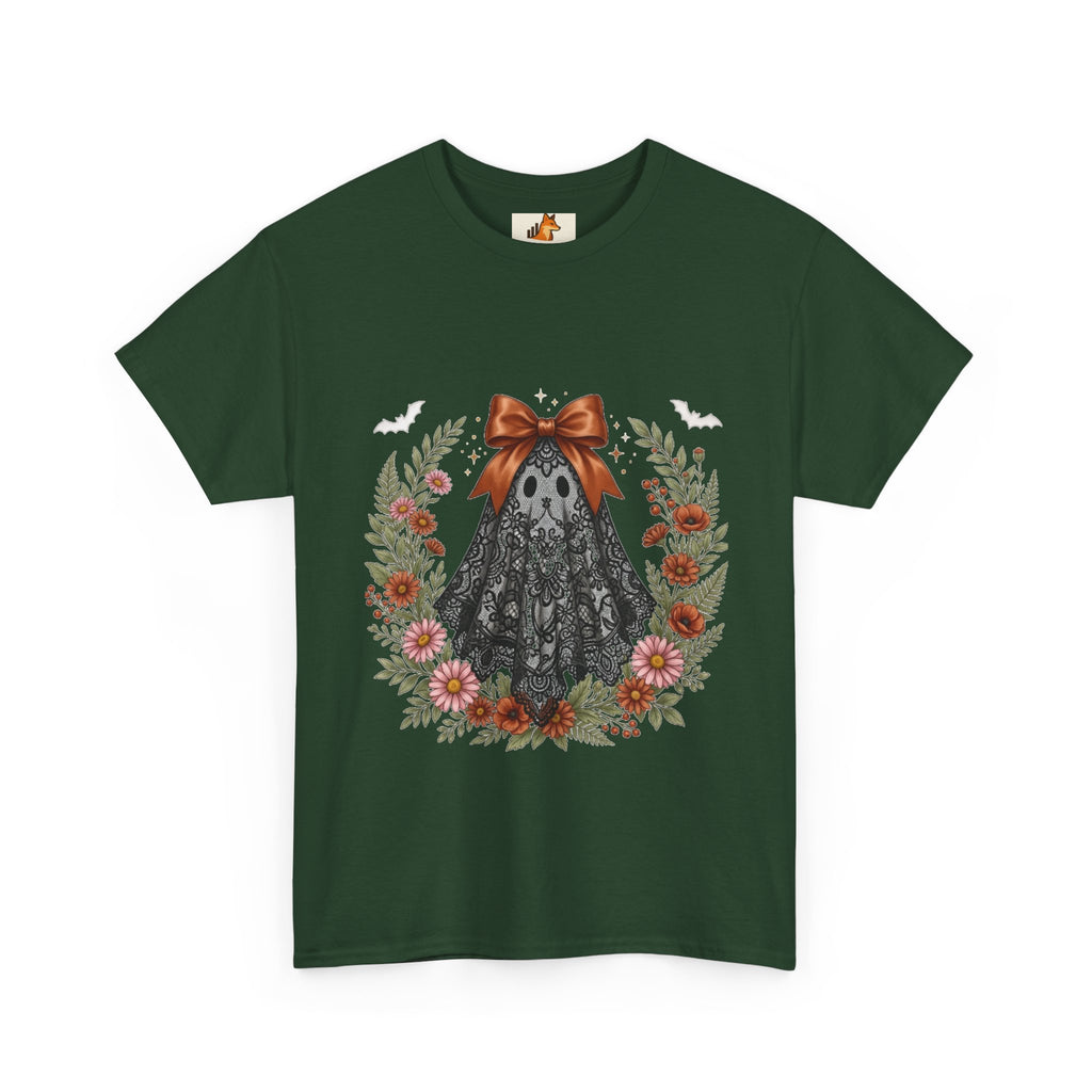 Ghost in Lace Tee — Floral Halloween Ghost T-Shirt with Bow