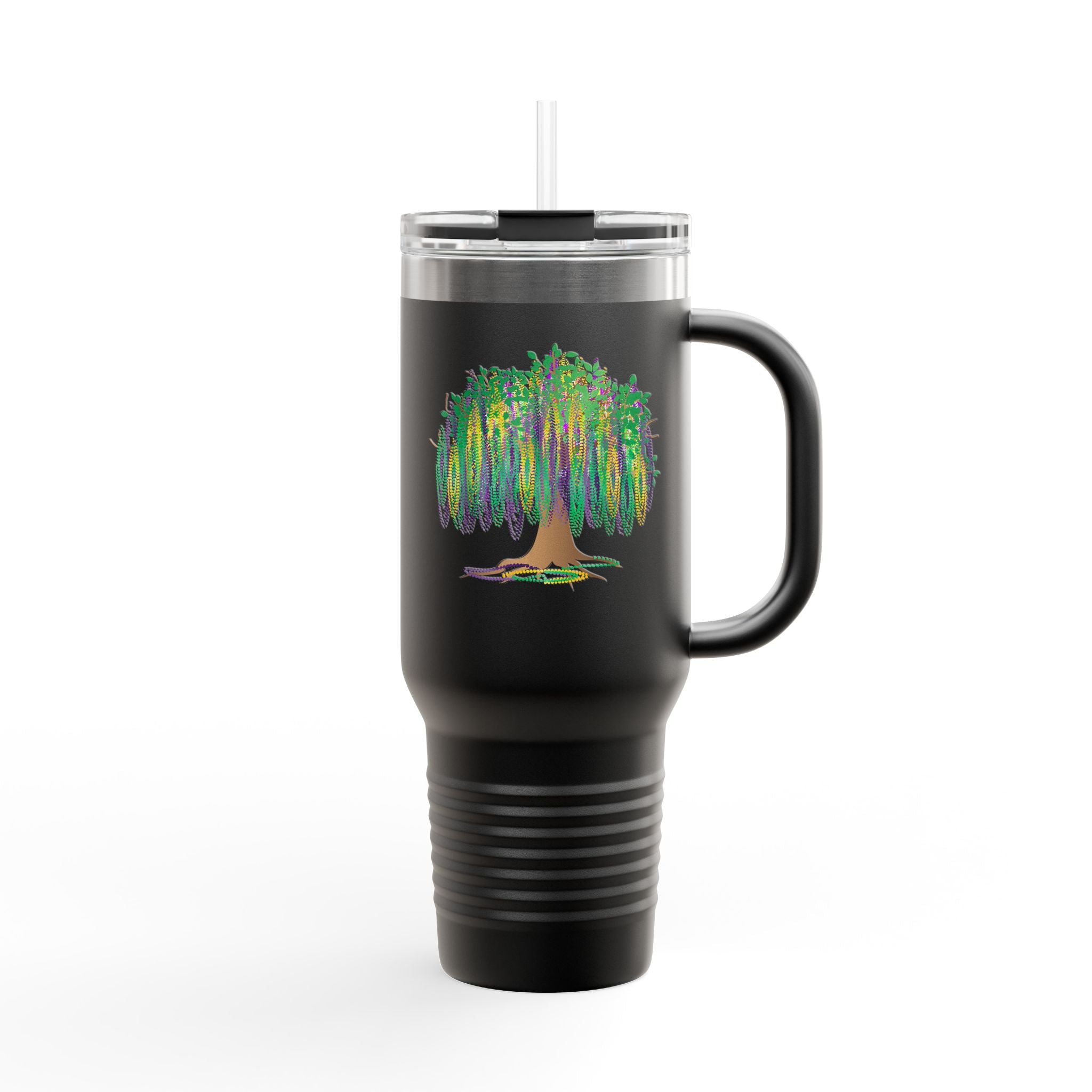 Mardi Gras Bead Tree 40oz Insulated Travel Mug — Colorful Watercolor Tree Tumbler