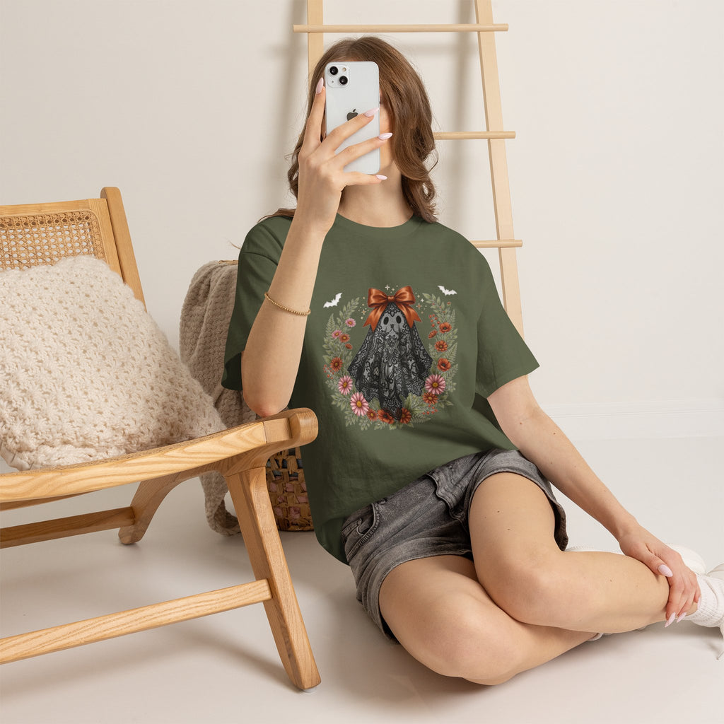Ghost in Lace Tee — Floral Halloween Ghost T-Shirt with Bow