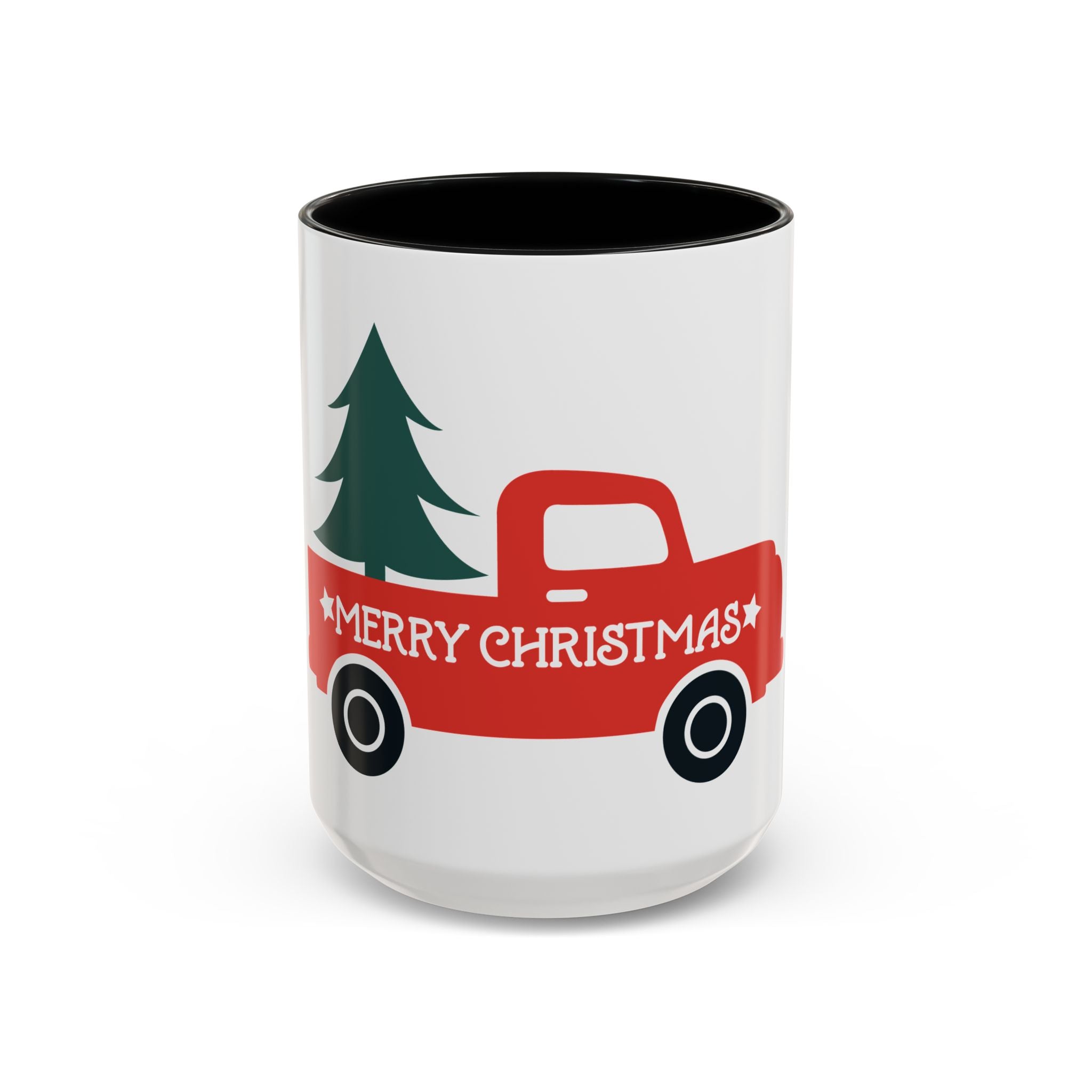 Christmas Truck Coffee Mug — Red Vintage Pickup with Tree, "Merry Christmas" Accent Mug