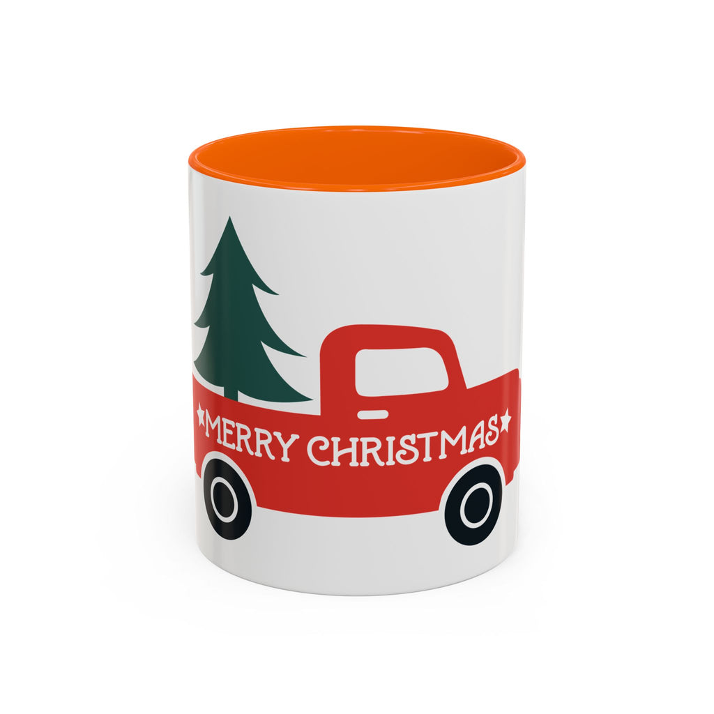 Christmas Truck Coffee Mug — Red Vintage Pickup with Tree, "Merry Christmas" Accent Mug