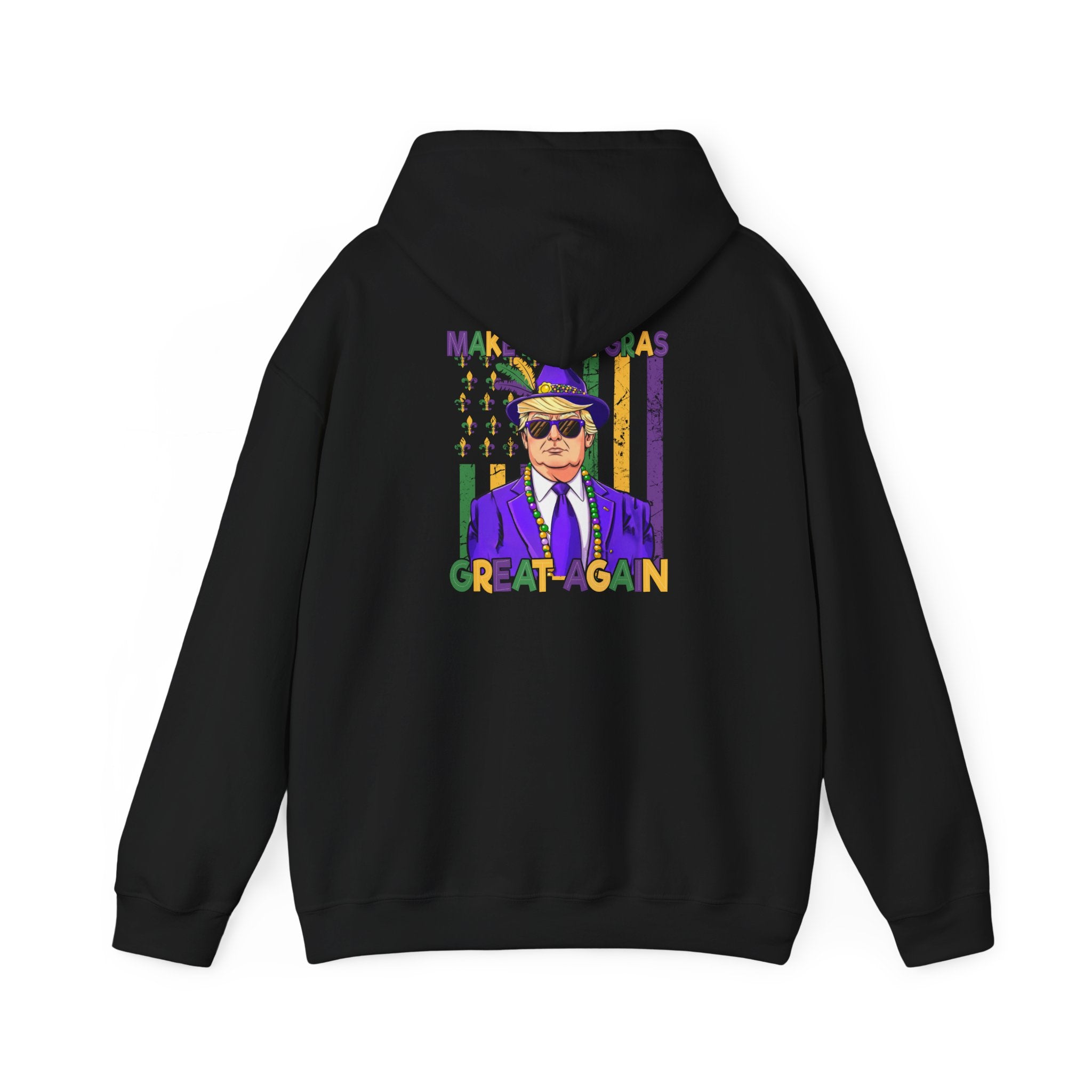 Mardi Gras Great Again Hoodie — Festive King Cake Masked Man Back Graphic