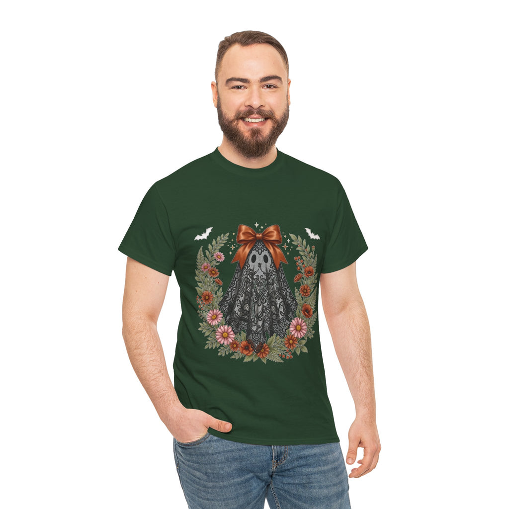 Ghost in Lace Tee — Floral Halloween Ghost T-Shirt with Bow