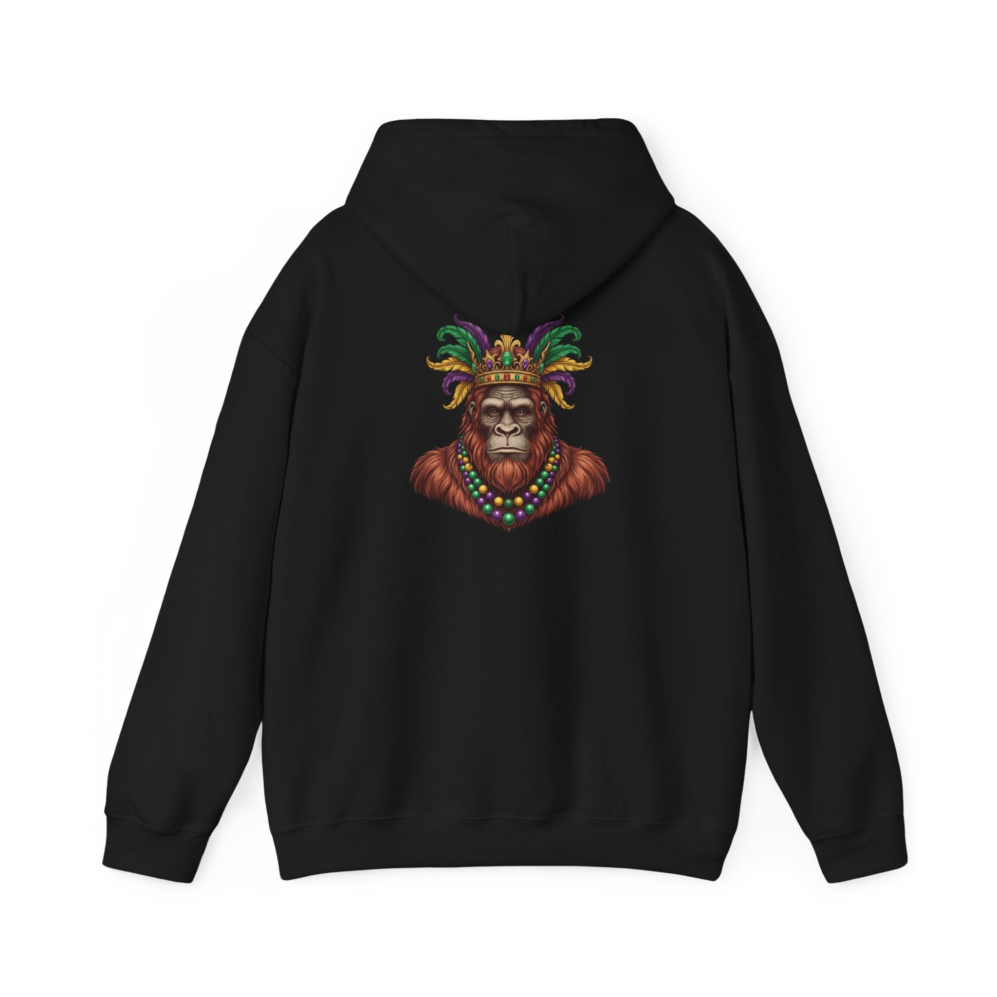 Mardi Gras Bigfoot Hooded Sweatshirt - Colorful Jester Mask & Bead Design