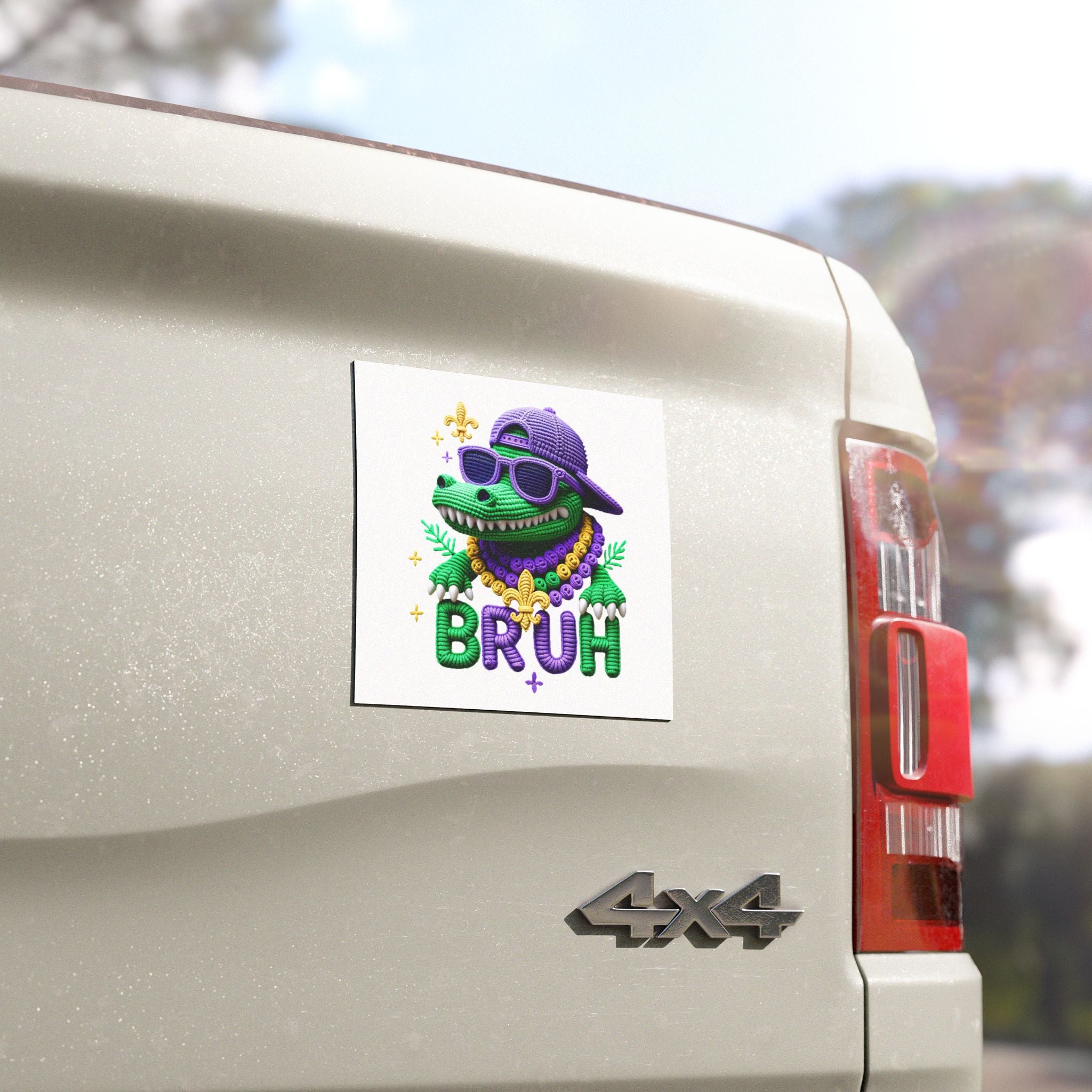 Bruh Gator Car Magnet — Mardi Gras Purple & Green Alligator with Beads and Sunglasses