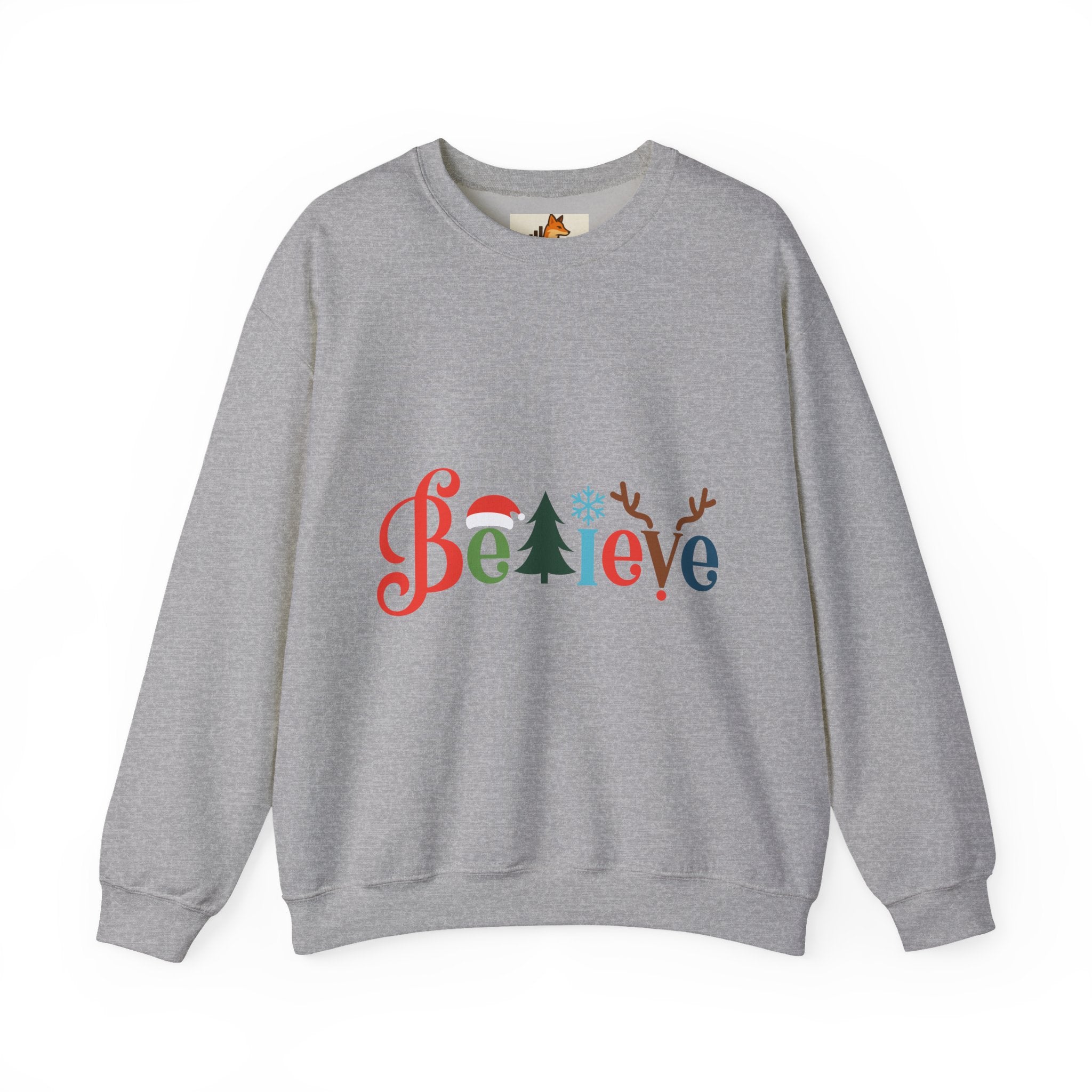 Believe Christmas Sweatshirt — Festive Tree & Reindeer Holiday Crewneck
