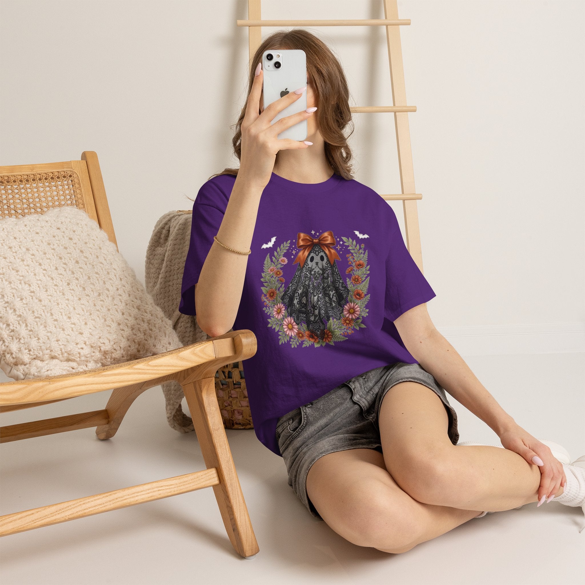 Ghost in Lace Tee — Floral Halloween Ghost T-Shirt with Bow