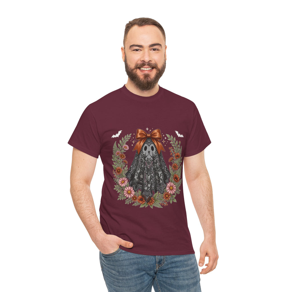 Ghost in Lace Tee — Floral Halloween Ghost T-Shirt with Bow