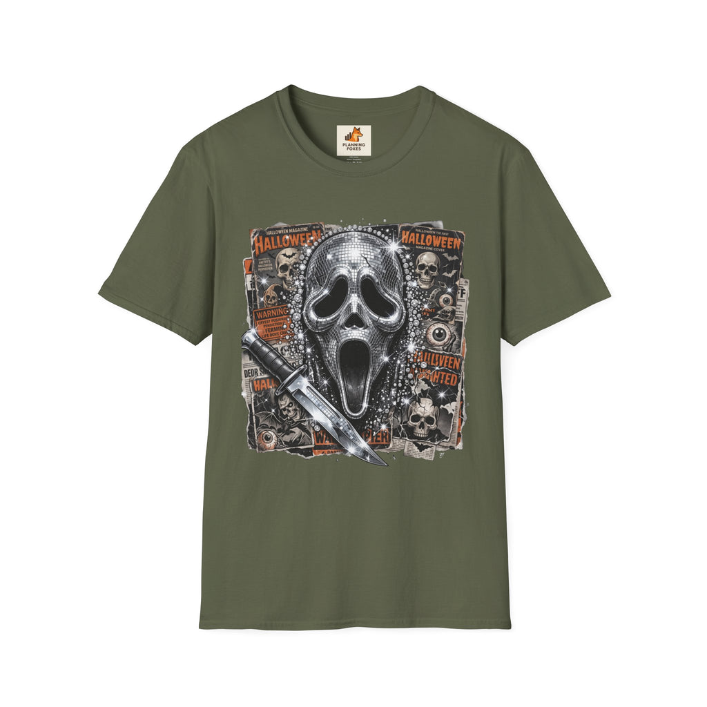 Halloween Scream Mask T-Shirt — Skull, Knife & Poster Horror Graphic Tee