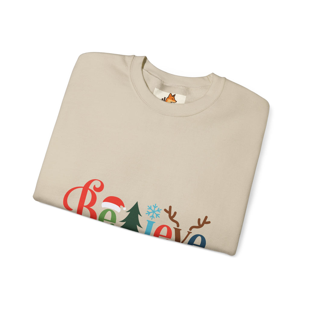 Believe Christmas Sweatshirt — Festive Tree & Reindeer Holiday Crewneck