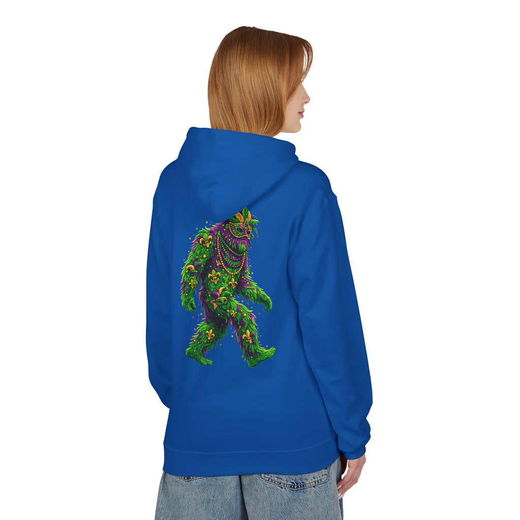 Mardi Gras Bigfoot Hoodie - Festive Beaded Sasquatch Pullover