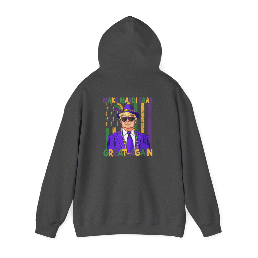 Mardi Gras Great Again Hoodie — Festive King Cake Masked Man Back Graphic