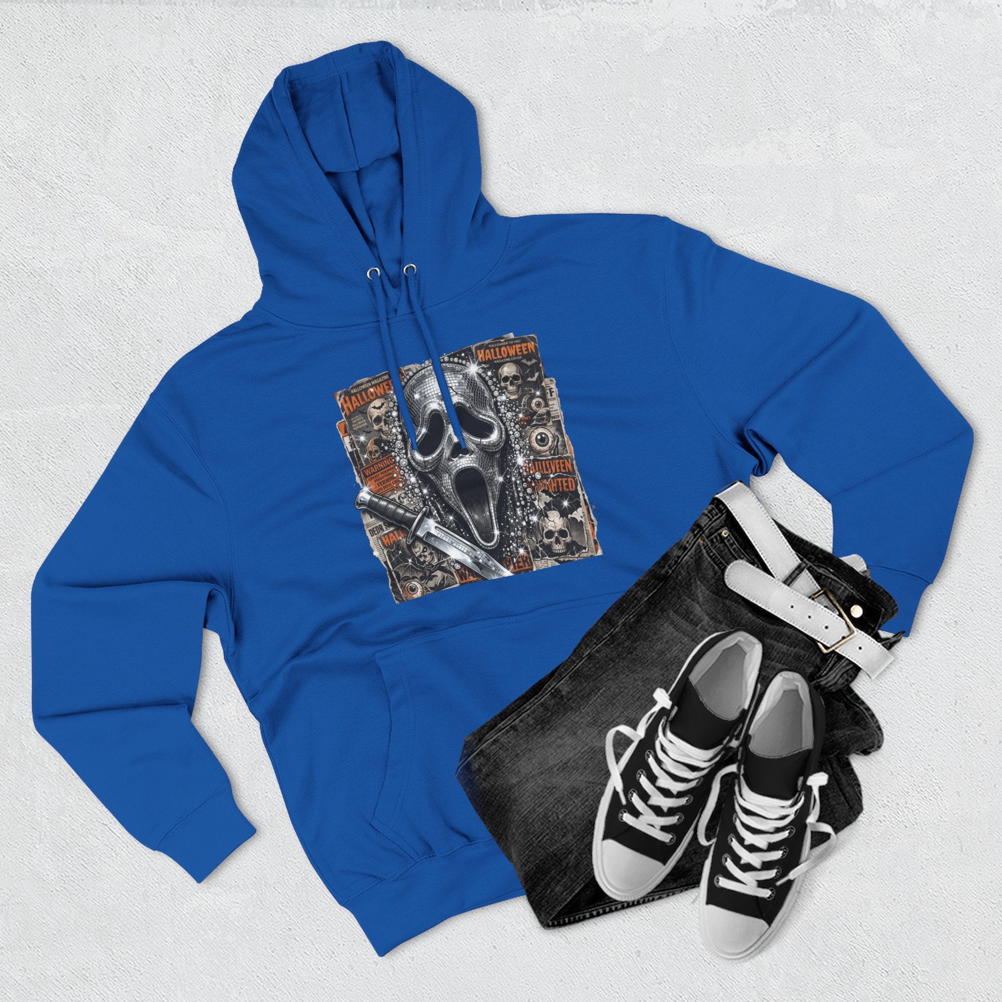 Halloween Horror Nights Hoodie — Haunted Mask & Killer Characters Graphic Pullover