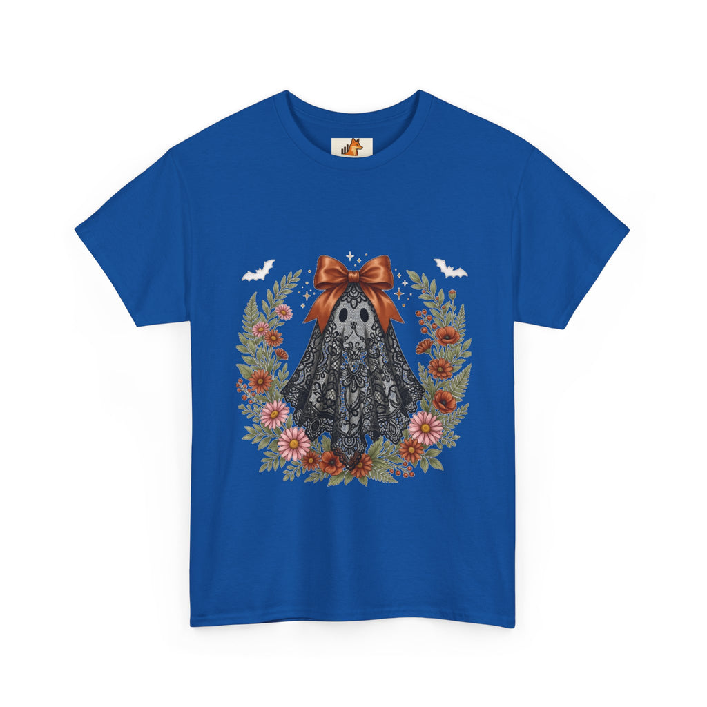 Ghost in Lace Tee — Floral Halloween Ghost T-Shirt with Bow