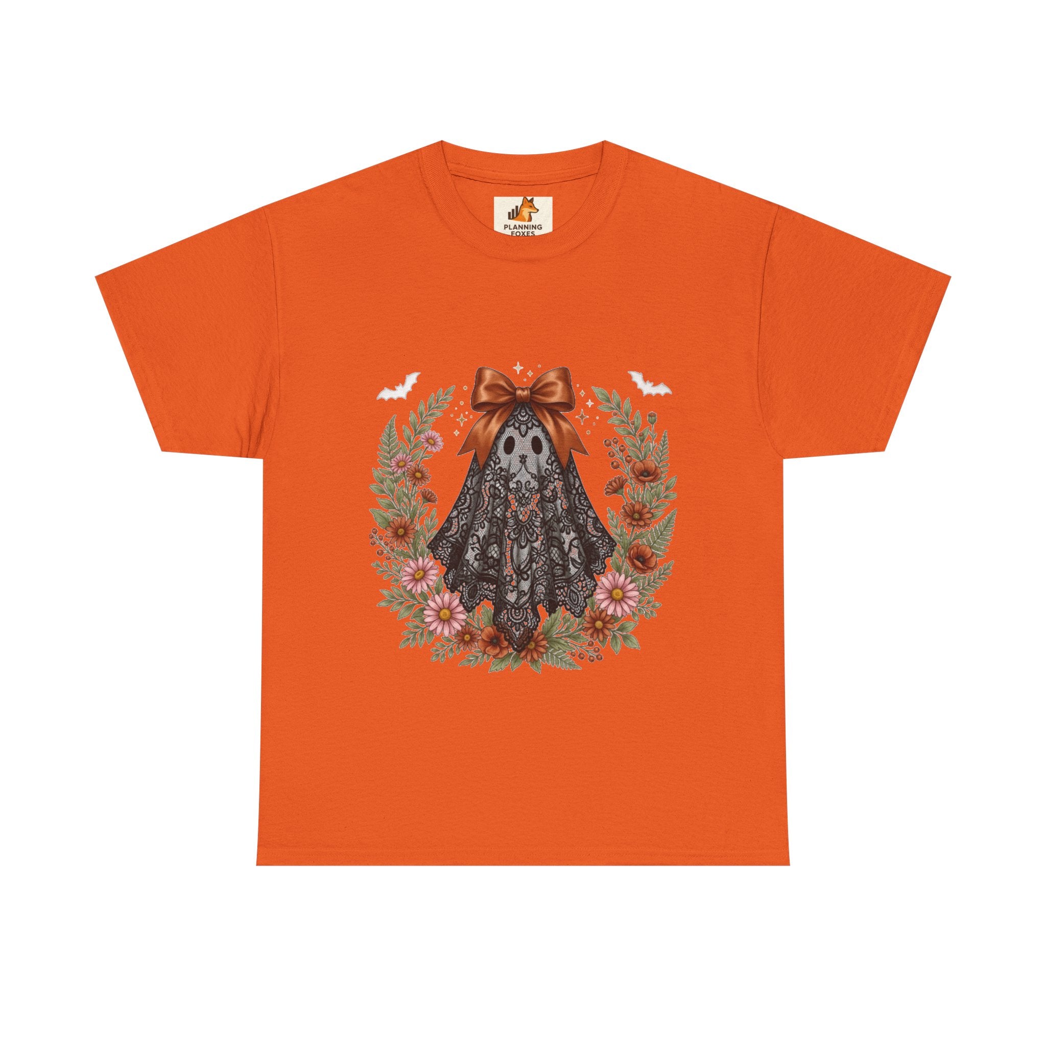 Ghost in Lace Tee — Floral Halloween Ghost T-Shirt with Bow
