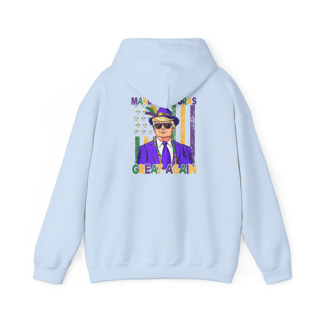 Mardi Gras Great Again Hoodie — Festive King Cake Masked Man Back Graphic