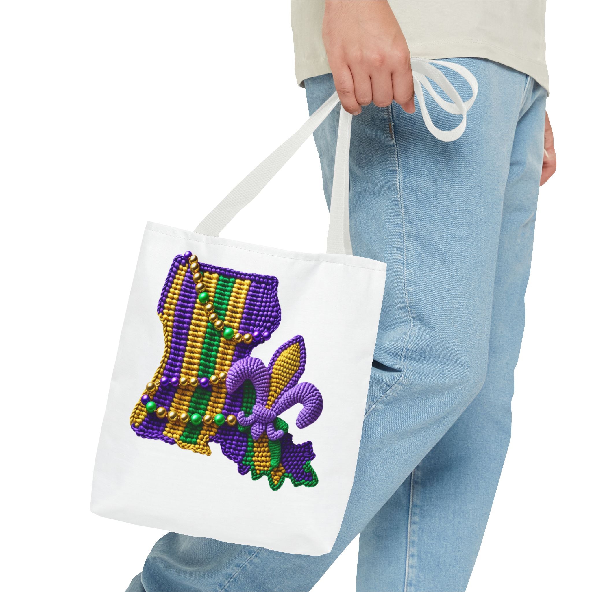 Mardi Gras Louisiana Tote Bag — Fleur‑de‑Lis Beads All‑Over Print