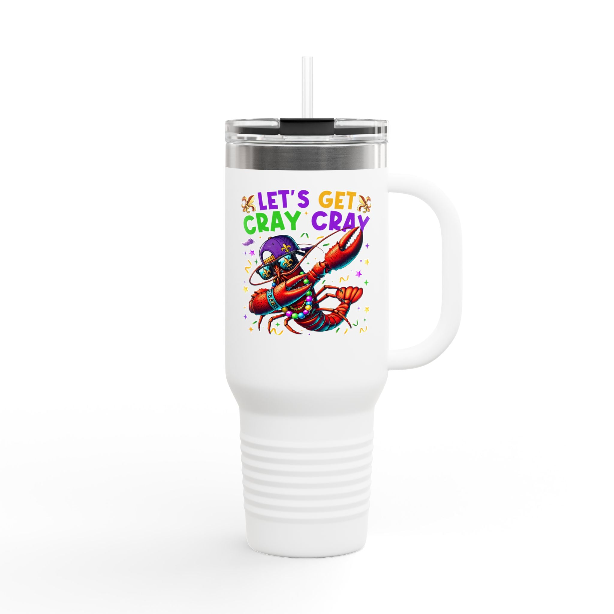 40oz Insulated Travel Mug — "Let's Get Cray Cray" Colorful Crawfish Party Design