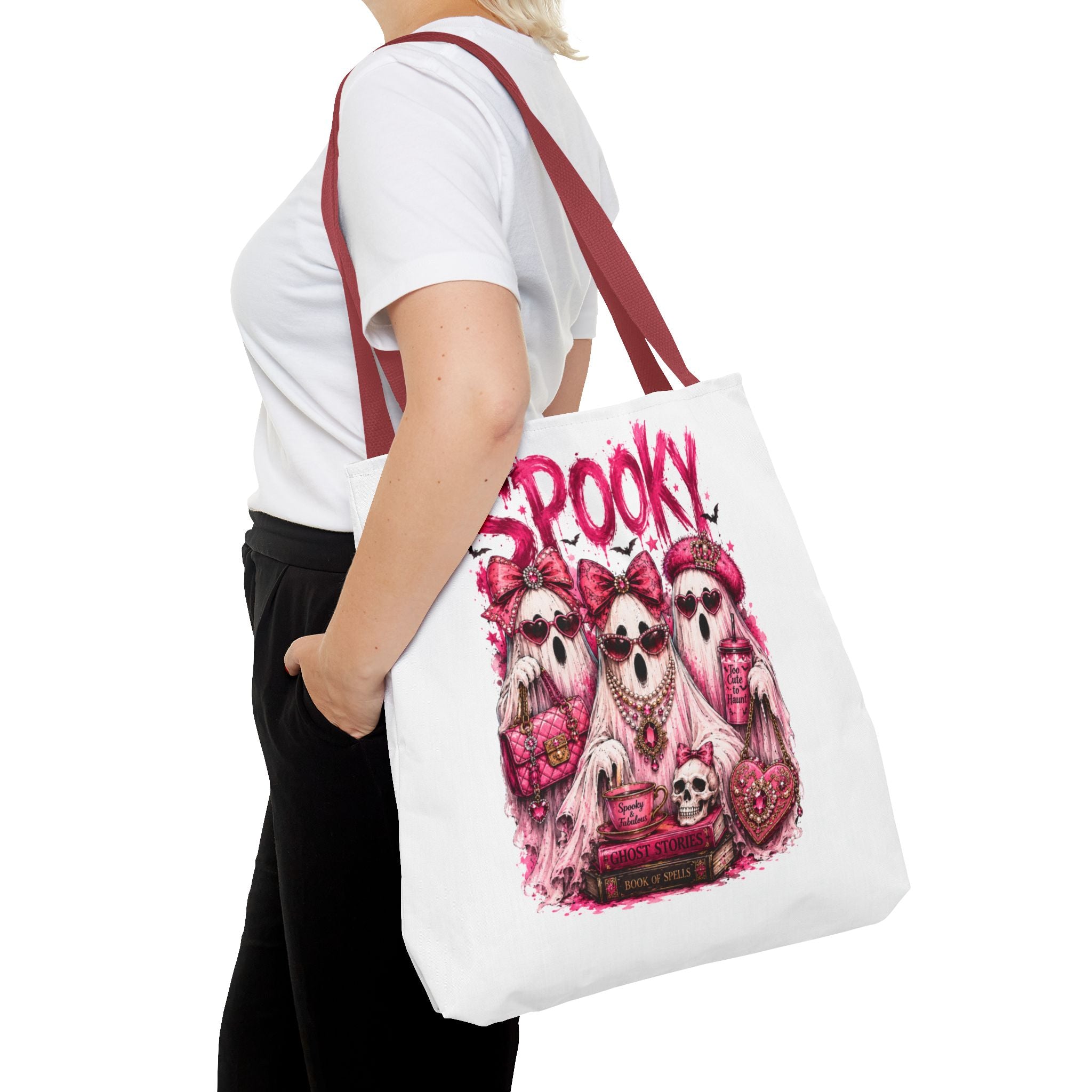 Spooky Pink Ghost Trio Tote Bag — Cute Gothic Halloween Aesthetic