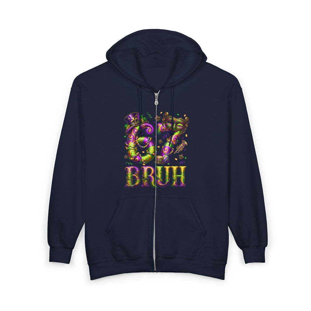 Mardi Gras 'BRUH' Zip Hoodie — Louisiana Fleur-de-Lis Carnival Jacket