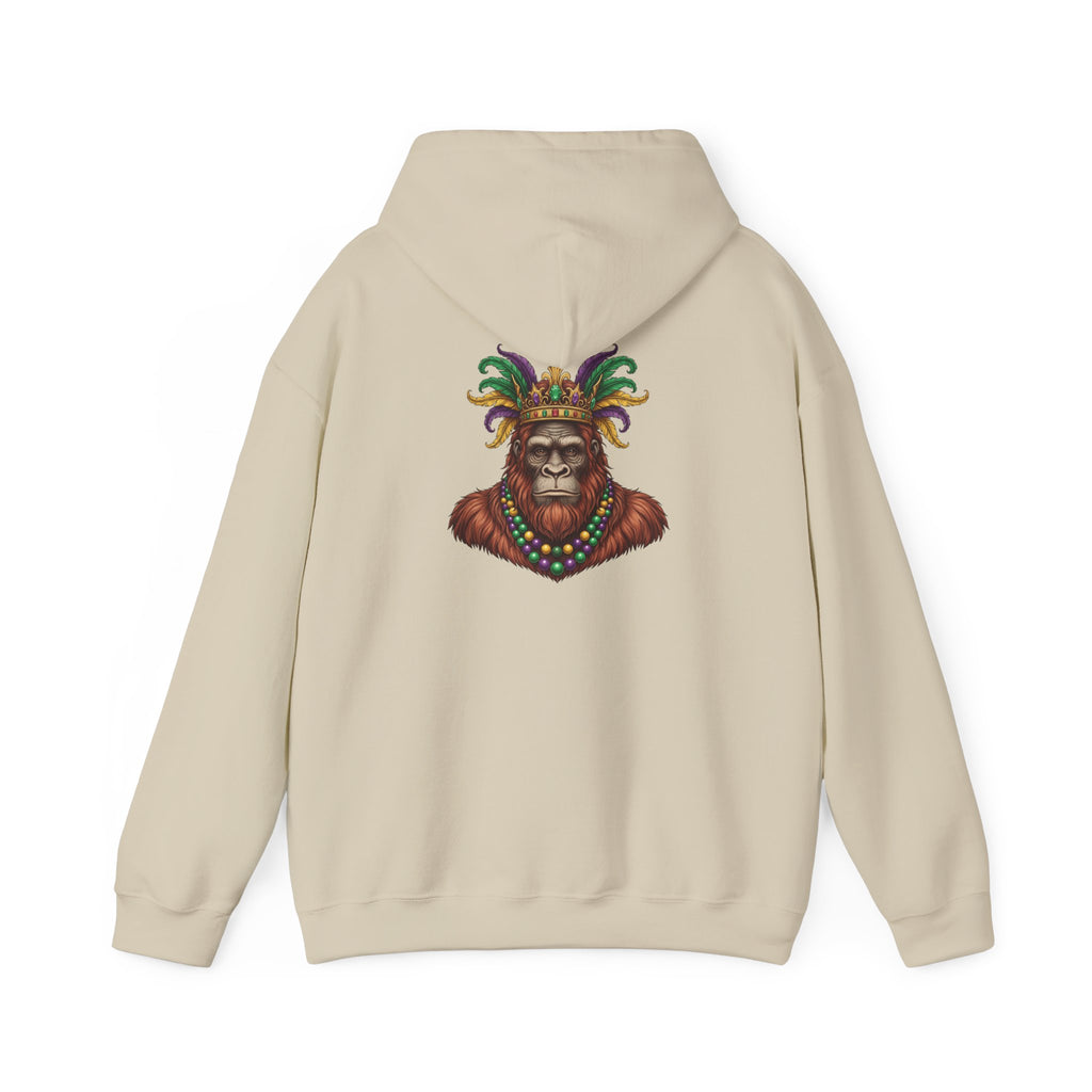 Mardi Gras Bigfoot Hooded Sweatshirt - Colorful Jester Mask & Bead Design