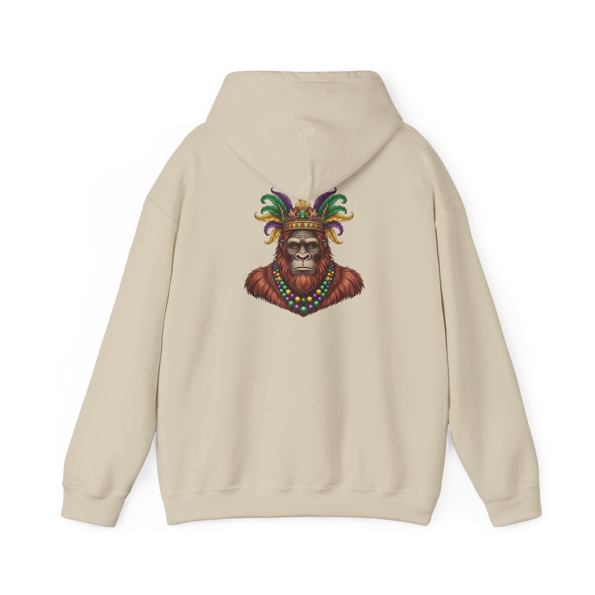 Mardi Gras Bigfoot Hooded Sweatshirt - Colorful Jester Mask & Bead Design