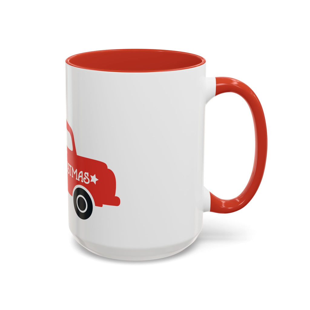 Christmas Truck Coffee Mug — Red Vintage Pickup with Tree, "Merry Christmas" Accent Mug