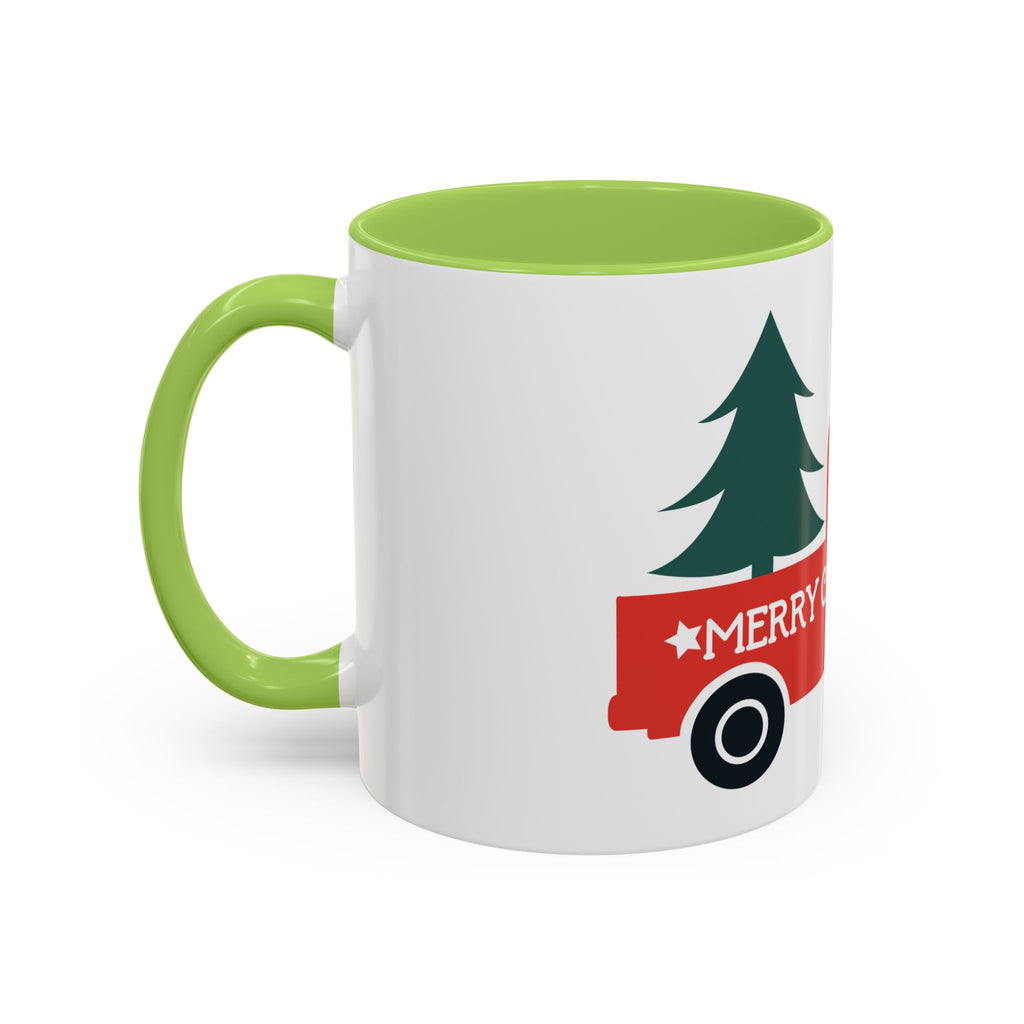 Christmas Truck Coffee Mug — Red Vintage Pickup with Tree, "Merry Christmas" Accent Mug