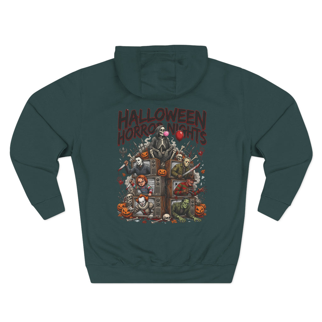 Halloween Horror Nights Hoodie — Haunted Mask & Killer Characters Graphic Pullover