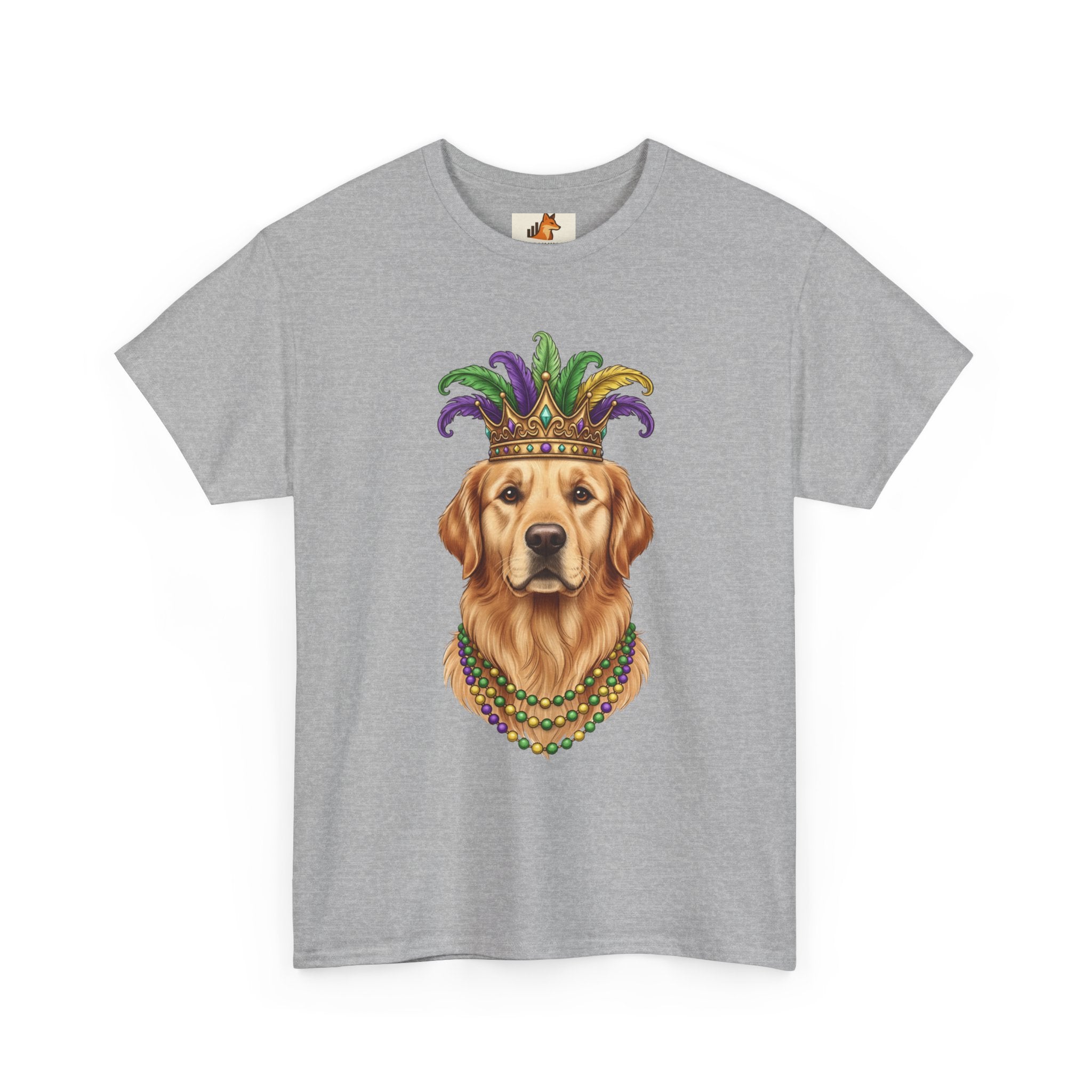Mardi Gras Golden Retriever T-Shirt — Dog with Jester Crown & Beads
