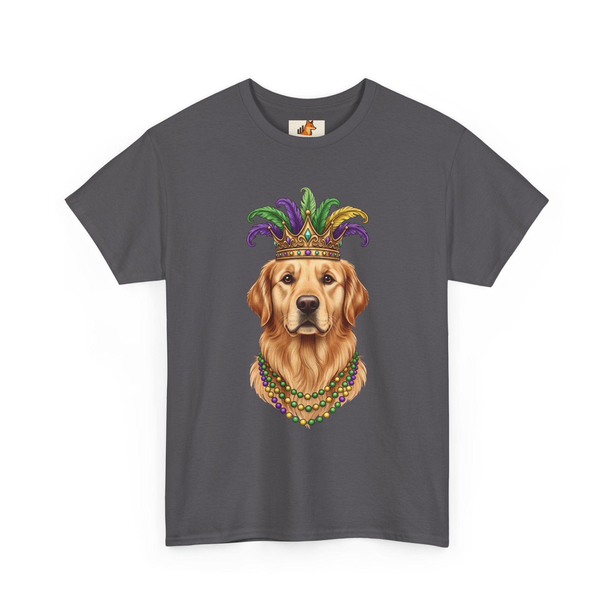 Mardi Gras Golden Retriever T-Shirt — Dog with Jester Crown & Beads