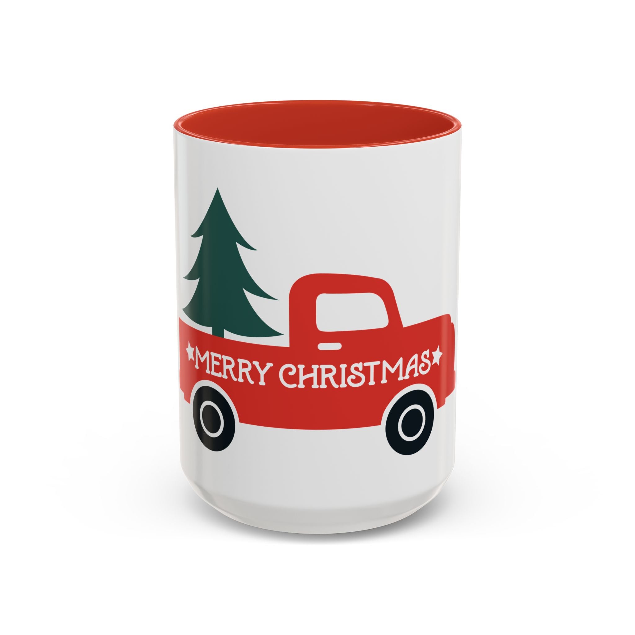 Christmas Truck Coffee Mug — Red Vintage Pickup with Tree, "Merry Christmas" Accent Mug