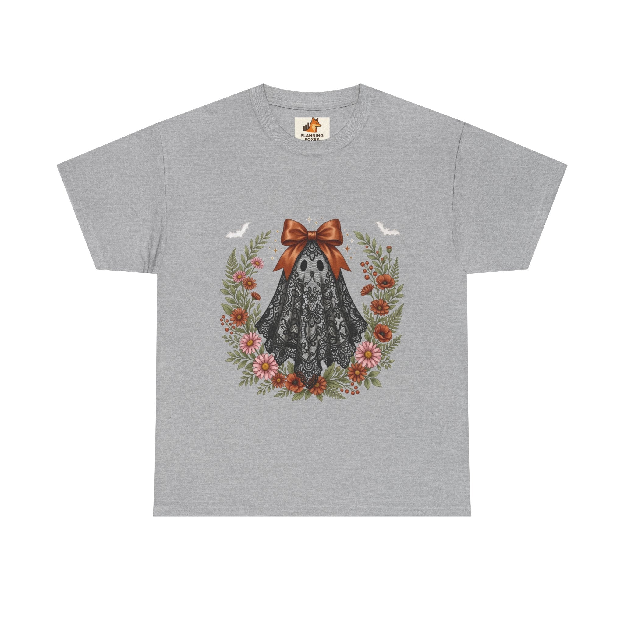 Ghost in Lace Tee — Floral Halloween Ghost T-Shirt with Bow