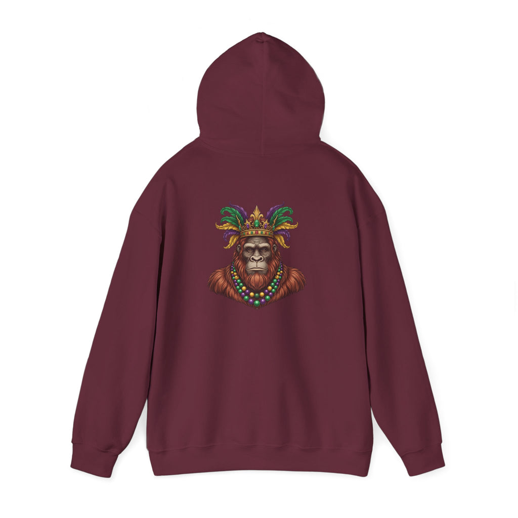 Mardi Gras Bigfoot Hooded Sweatshirt - Colorful Jester Mask & Bead Design