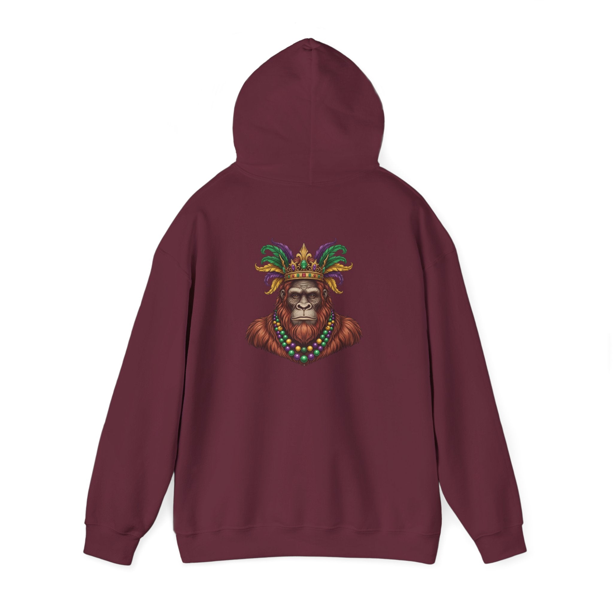 Mardi Gras Bigfoot Hooded Sweatshirt - Colorful Jester Mask & Bead Design