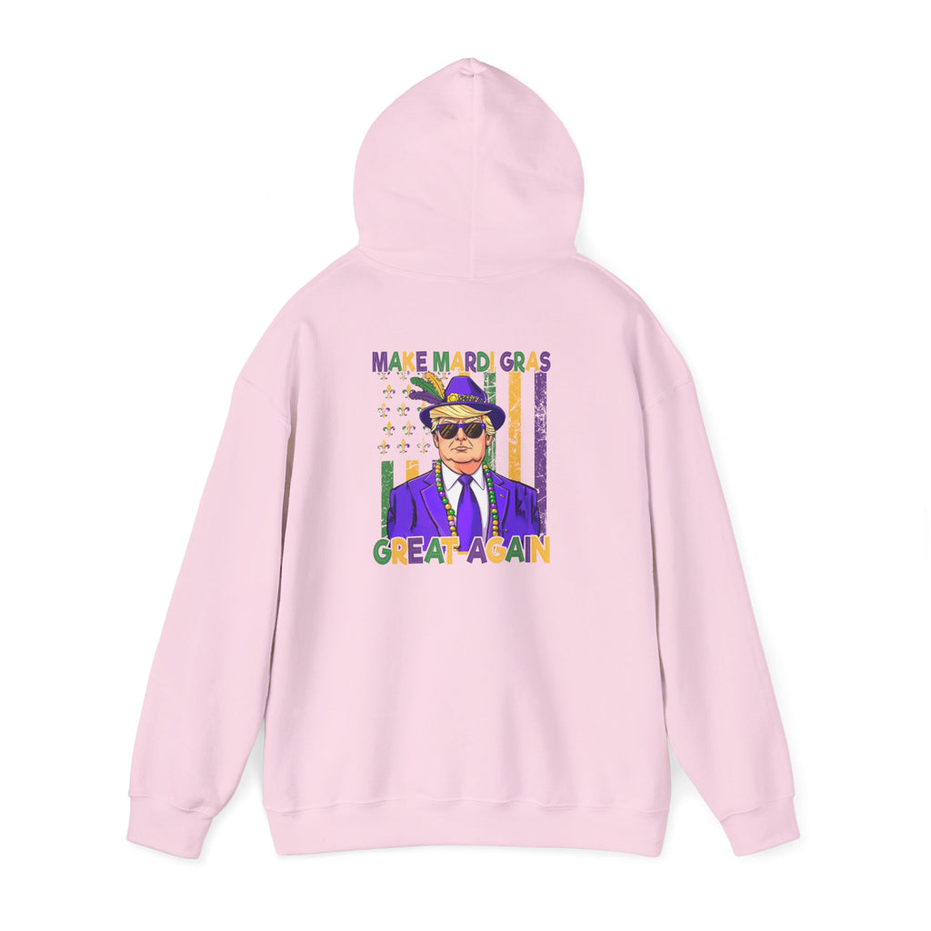 Mardi Gras Great Again Hoodie — Festive King Cake Masked Man Back Graphic