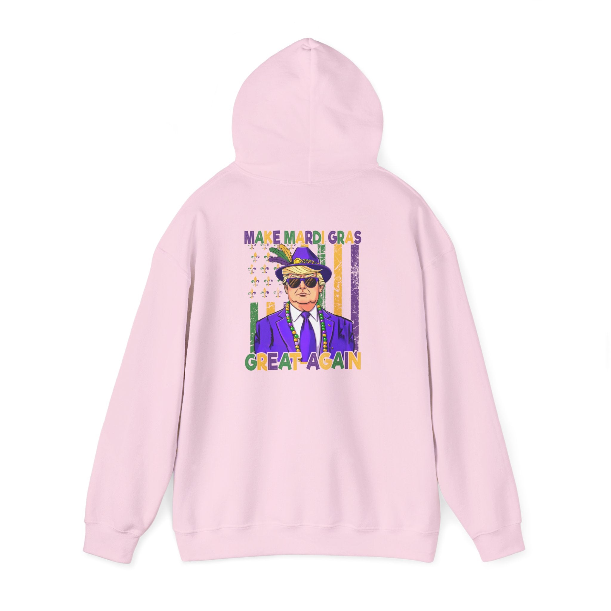Mardi Gras Great Again Hoodie — Festive King Cake Masked Man Back Graphic